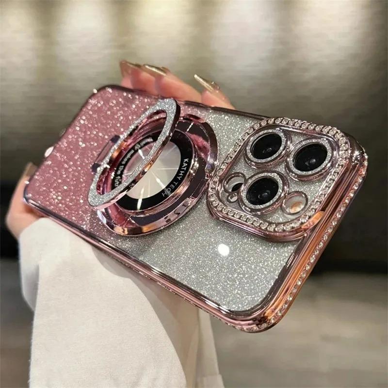 Rhinestone suitable for iphone16 mobile phone case Apple 15 magnetic electroplating with bracket glitter 17 all-inclusive silicone 11 sets