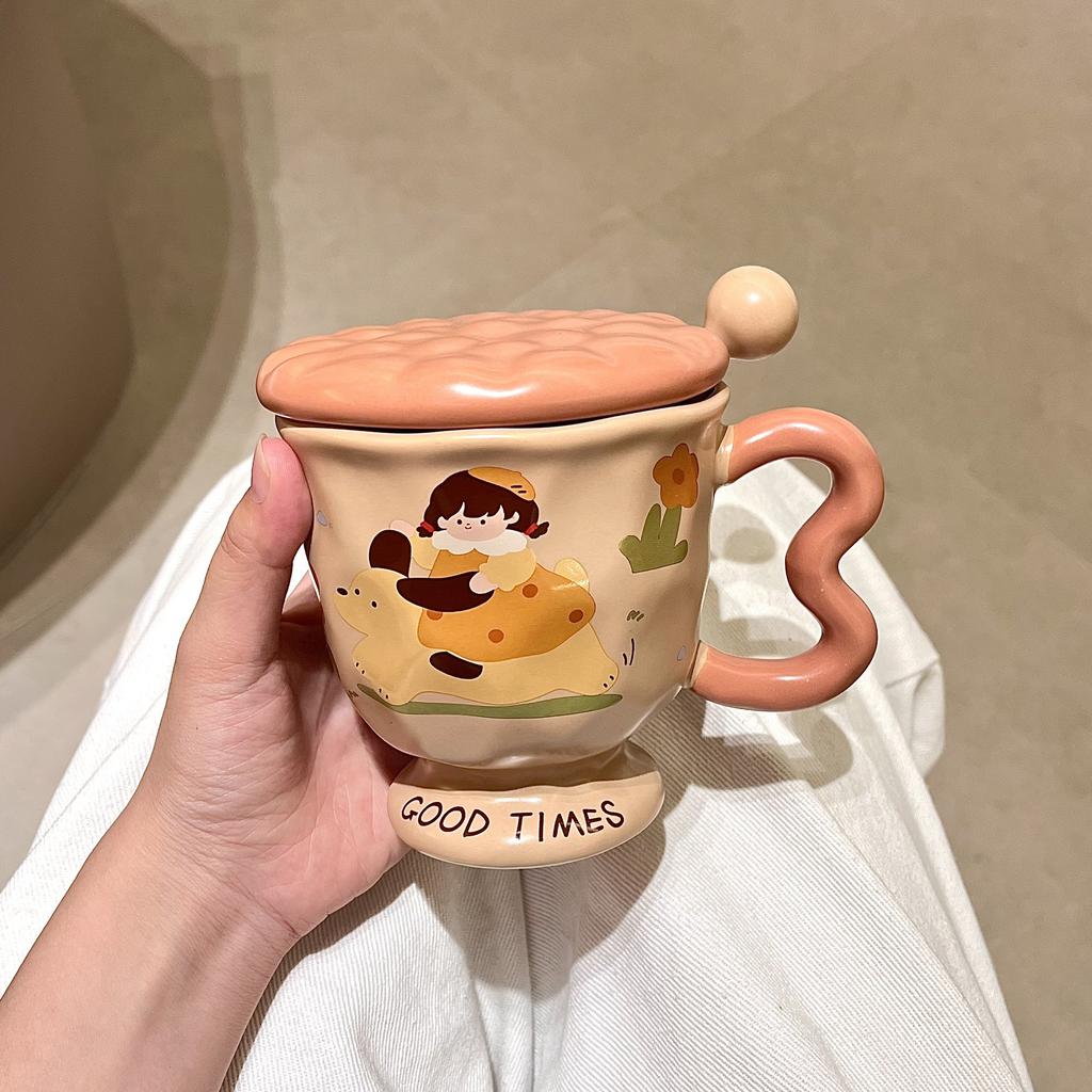 High-value Mug Ceramic Cup with Lid and Spoon Cute Drinking Cup Girls Office Coffee Breakfast Cup