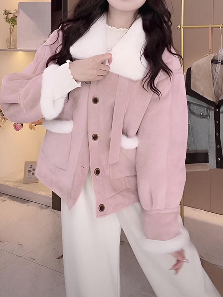 

Fleece thickened lapel short jacket women s 2025 autumn and winter new loose design small warm top L рожевий