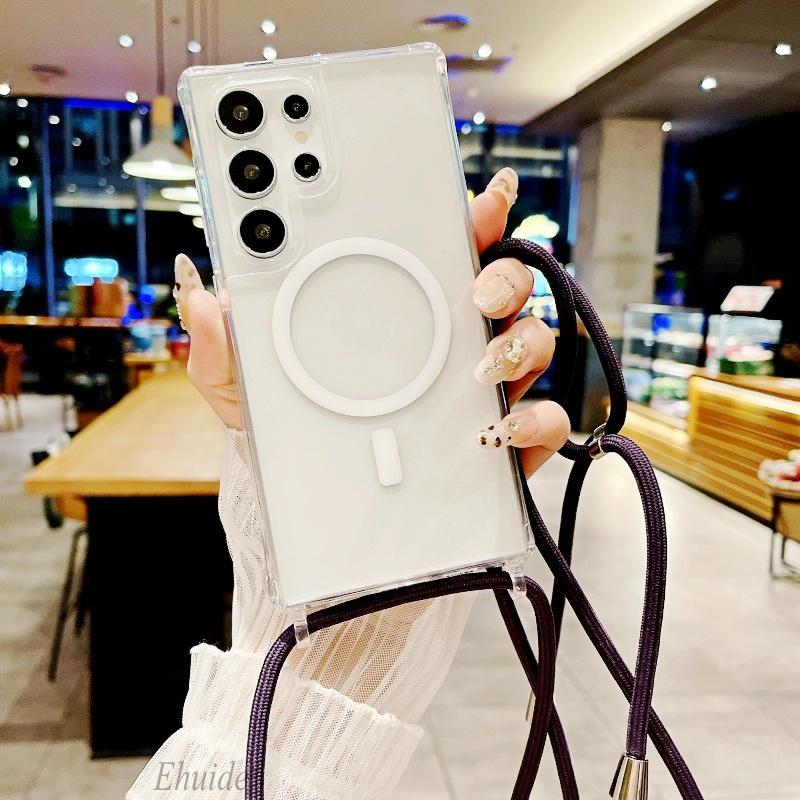 

Acrylic Shockproof Strap Case For Samsung Galaxy S25 Ultra S23 S24 Plus S25Plus Crossbody Lanyard Magnetic Wireless Clear Cover Galaxy S23