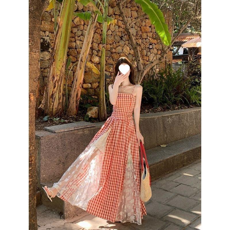 Design Sense Heavy Industry Lace Splicing Plaid Suspender Dress Summer New Skinny Long Dress Female Tide