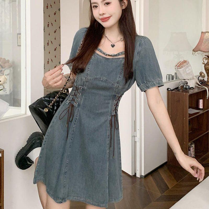 

French Waist Chubby Girl Pear Shapes Short Sleeve Dress Blue Cropped [Trendy & Chic] 4XL