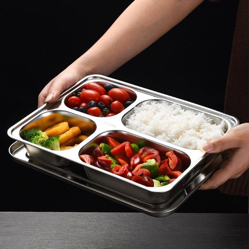 304 Stainless Steel Divided Dinner Tray Lunch Container Food Plate for School Canteen 3/5/4 Section Divided Bento Tray Tableware
