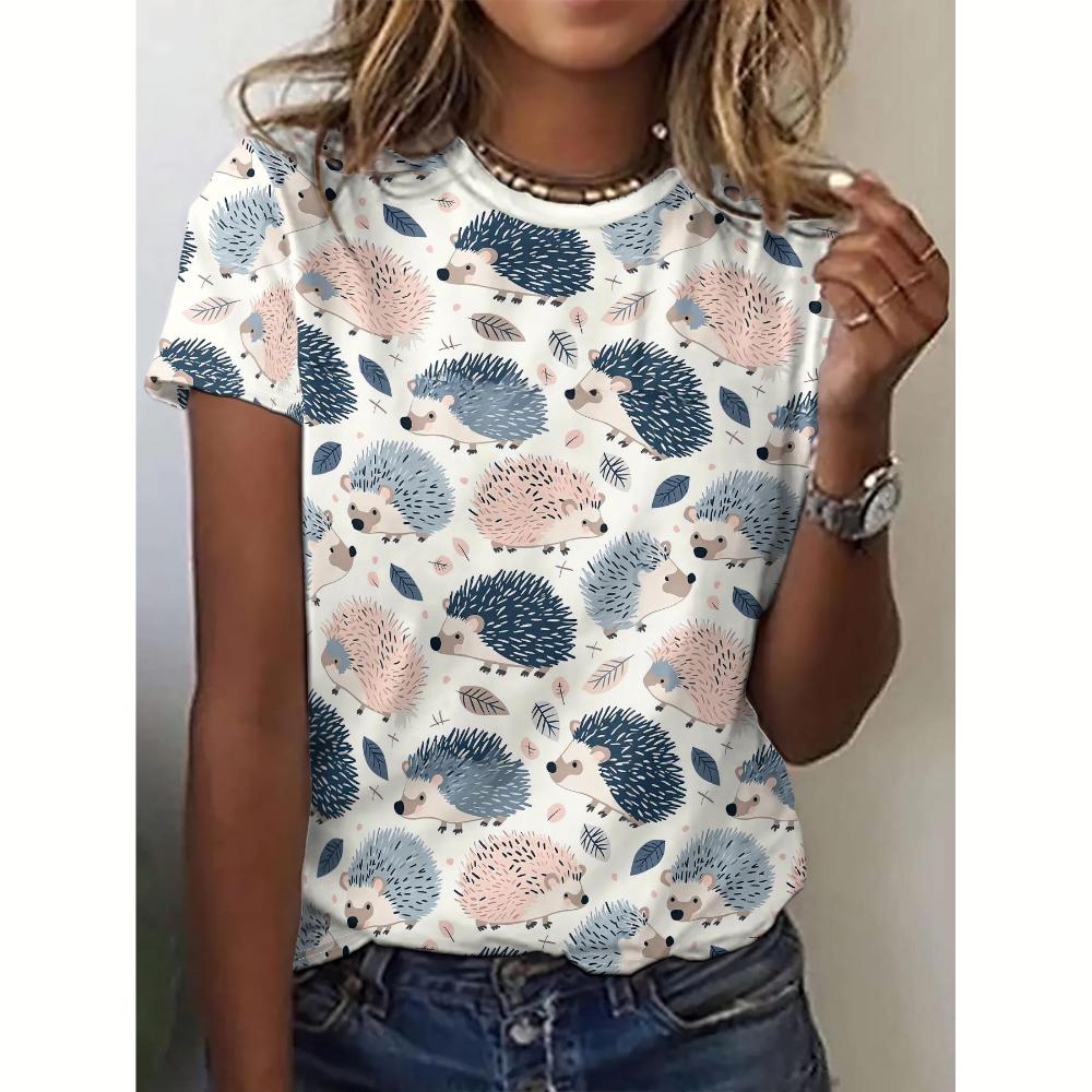 Maglietta estiva da donna con stampa di riccio animale, casual, girocollo, manica corta, pullover, per tutti i giorni, all'aperto, abbigliamento oversize da donna