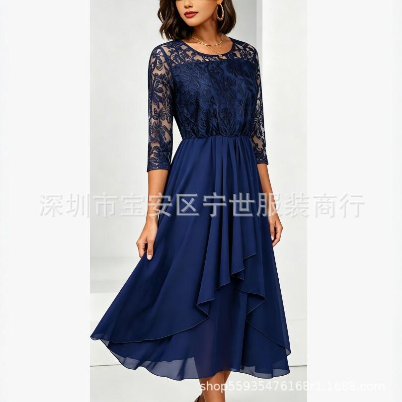 Lace Splicing Chiffon Dress with Seven-quarter Sleeves, Asymmetrical Hem, Elegant Temperament Women's Clothing Medium and Long Skirt