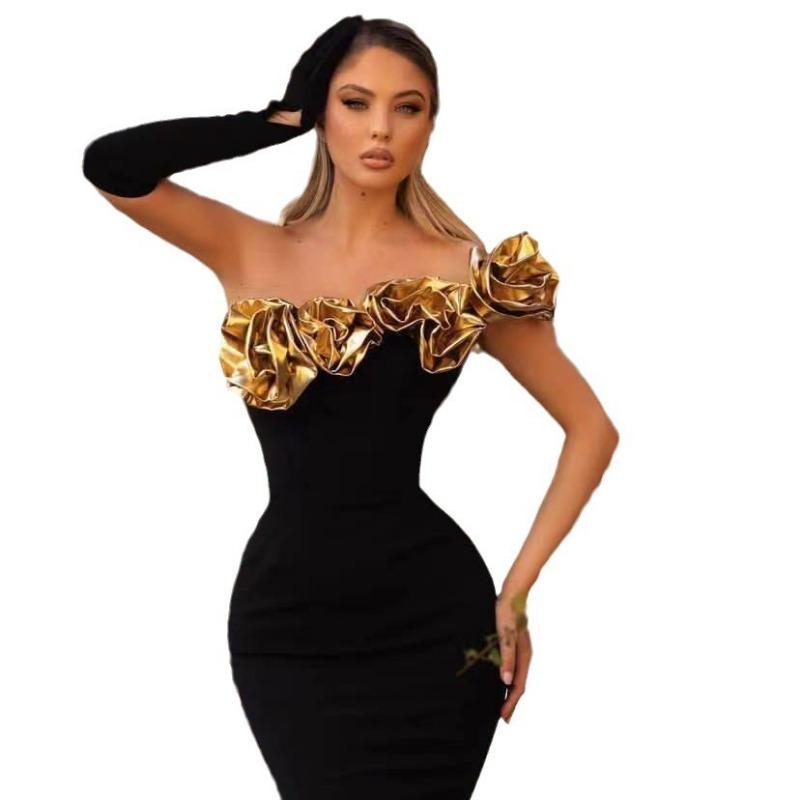 New Three-dimensional Gold Flower Shoulder Hip Bandage Dress Stylish and Elegant Party Women's Dress