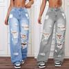 Zerrissene Jeans Hohe Taille Gerade Vielseitig Locker Denim Hose Damen Trendig Mehrfach gerissen ausgefranst Hohe Taille Weiter Bein Jeans