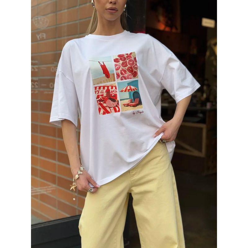 Western Style Fashion Casual Loose Print Round Neck Short Sleeve Cotton T-shirt Top Printed T-shirt Top