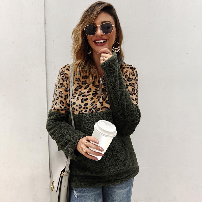 Women Autumn Winter Plush Hoodie Sweatshirts Leopard Splice Long Sleeve Turtleneck Zipper Casual