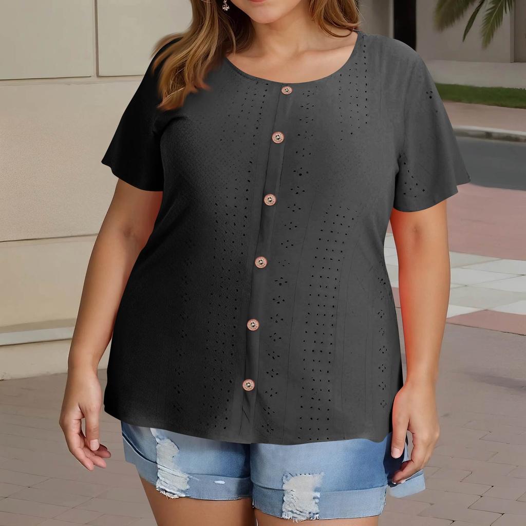 Plus Size Women's Fashion Casual Vintage Soild O-Neck Short Sleeve Button T-Shirt Top
