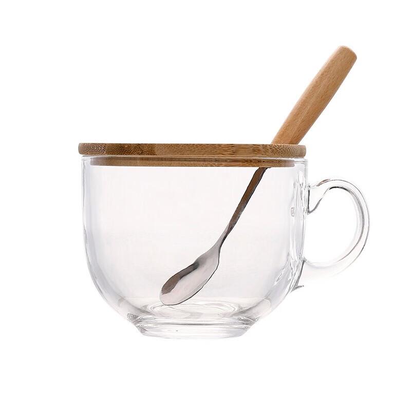 Große japanische Frühstückstasse aus gehärtetem Glas mit Bambusdeckel & Holzlöffel