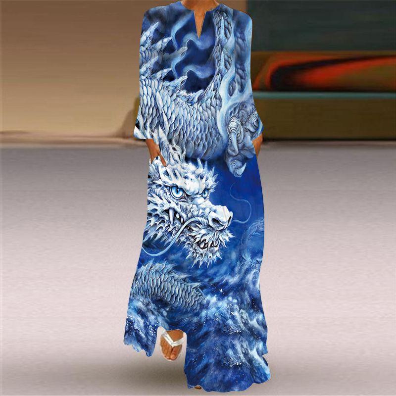 2025 Autumn New Women's Blue Chinese Dragon Pattern Long Sleeves Pocket Dress Stage Show Performance Costume