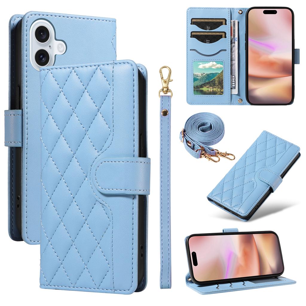 For iPhone 16 Plus Case Wallet Rhombus Leather Handbag Phone Cover with Shoulder Lanyard