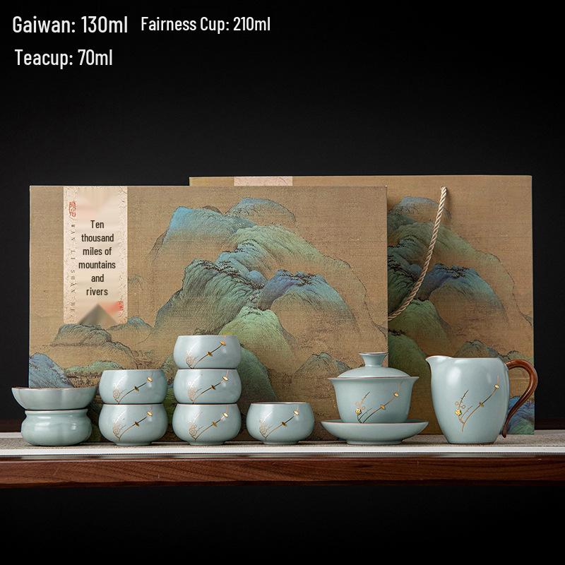 Sky Blue Ru Kiln Kintsugi Plum Blossom Gongfu Tea Set - Ceramic Overglaze Gift Box for Home Use.
