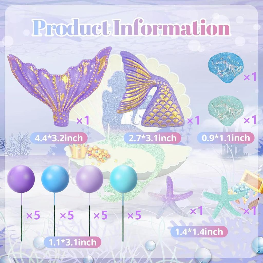 Mermaid Cake Topper 26Pcs Under The Sea Cake Decors Seashell Mermaid Tail Cake Decoration for Ocean Theme Party Supplies