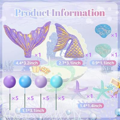 Mermaid Cake Topper 26Pcs Under The Sea Cake Decors Seashell Mermaid Tail Cake Decoration for Ocean Theme Party Supplies