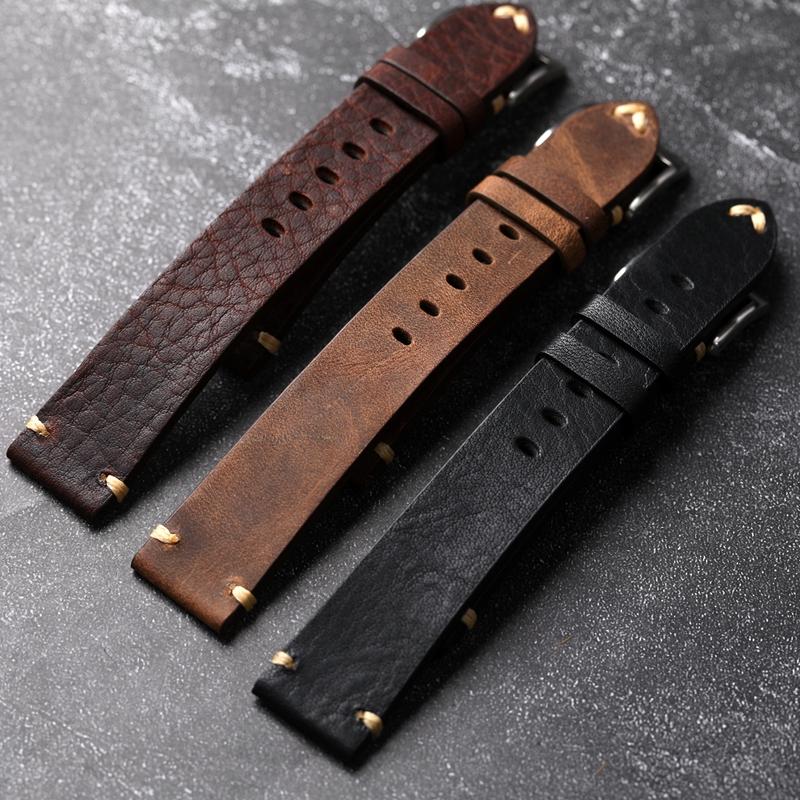 For Handmade Genuine Leather Watchband Old Brown Black 18 20 22MM Soft Men's Vintage Bracelet, First Layer Cowhide Leather Bracele