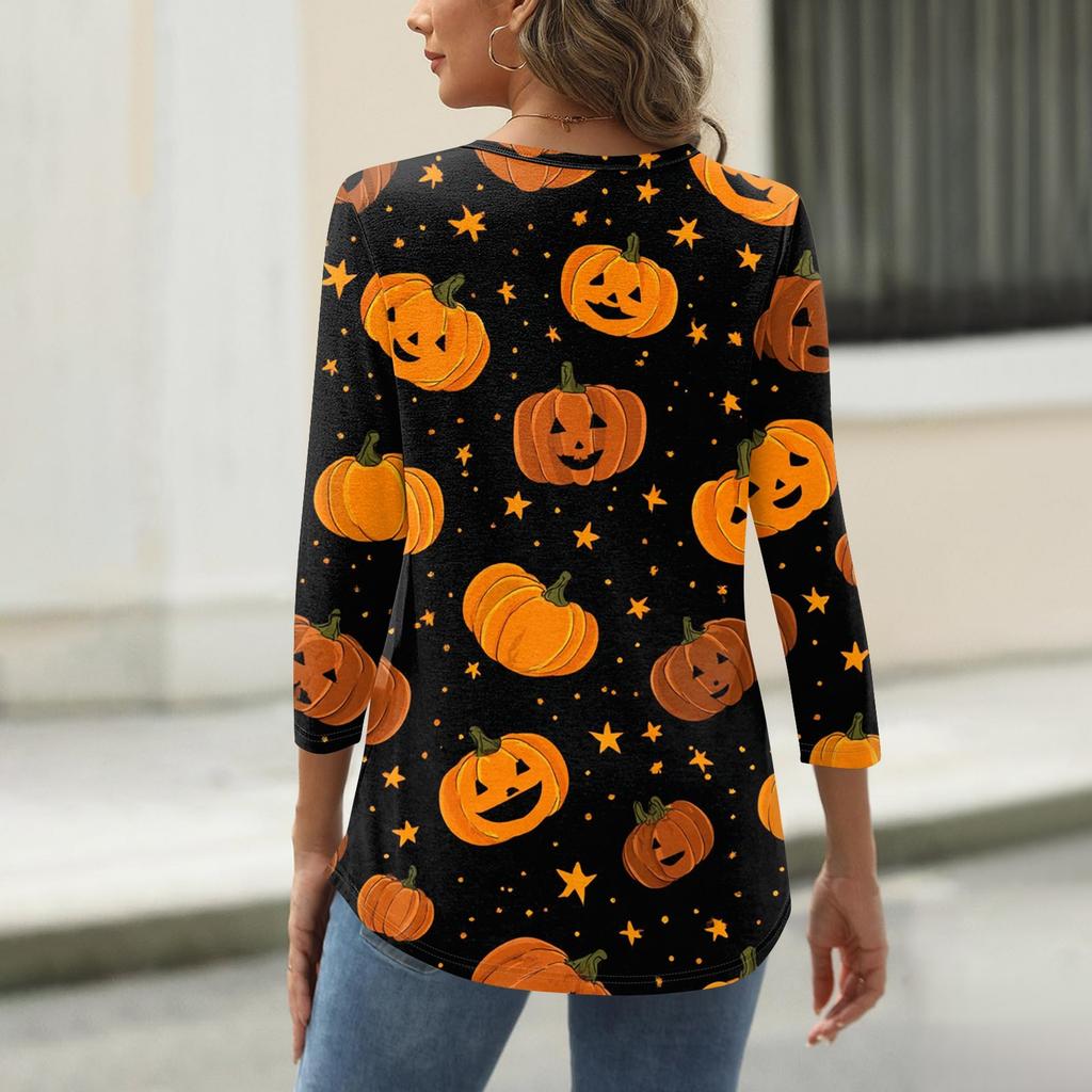 Damen V-Ausschnitt Knopf Halloween Dreiviertelarm T-Shirt Top