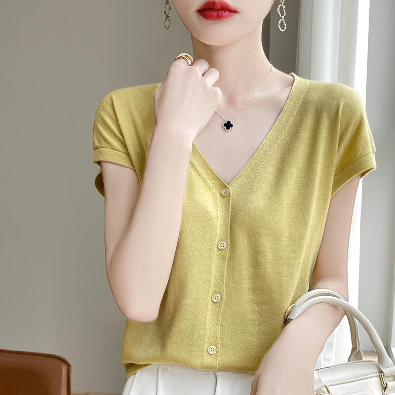 New Summer Style Wool Cardigan Thin V-neck Regular Sweater Women's Knitwear