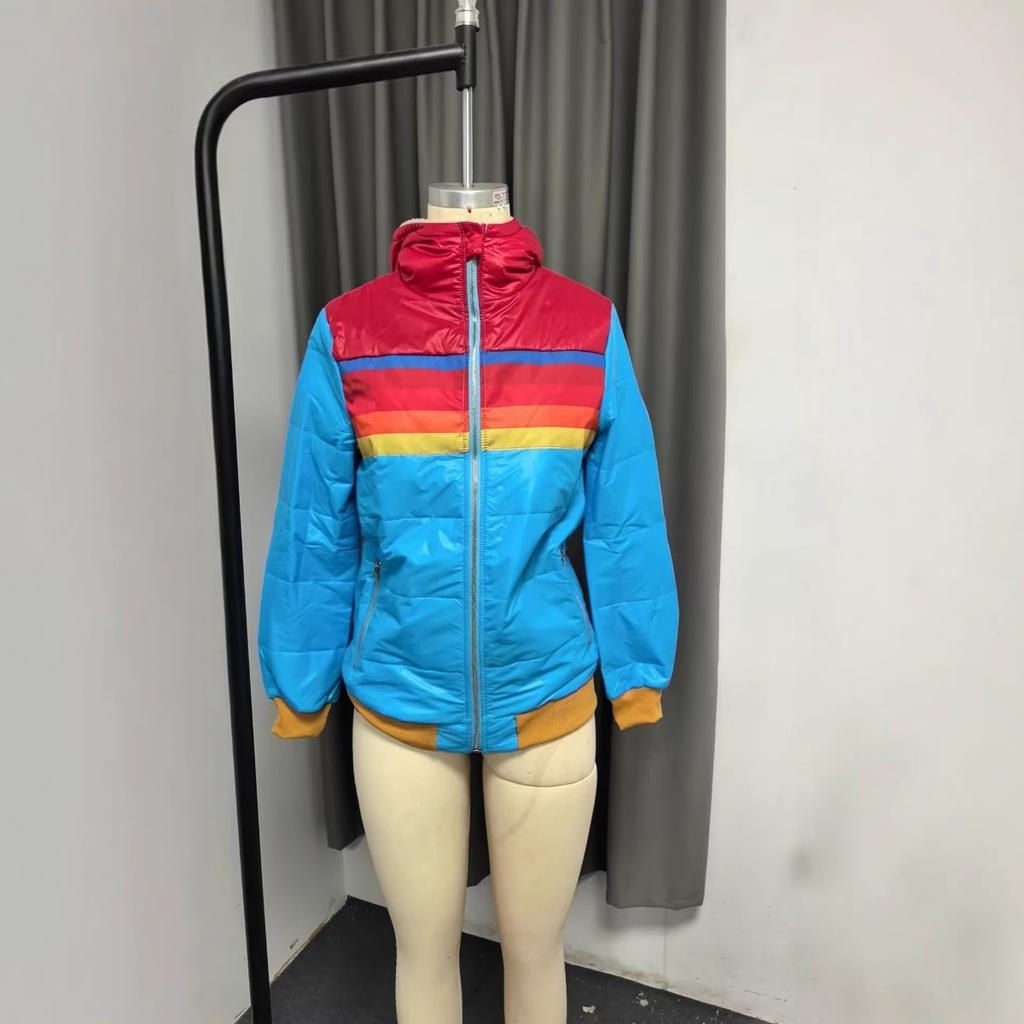 New Women's Casual Cropped Printed Hooded Padded Jacket, Fall Winter Color Block Cotton Parka For Women