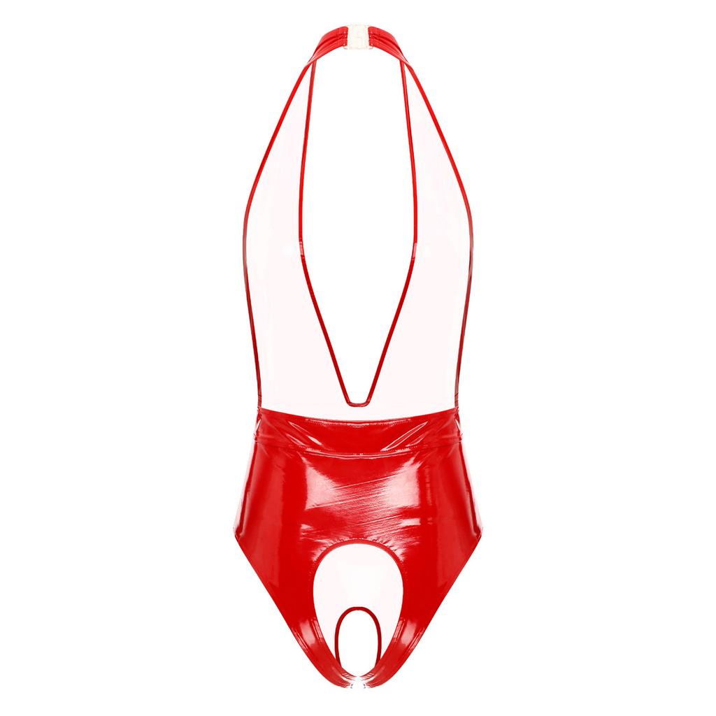 Sleeveless Latex Bodysuit Women Deep V-neck Teddies Bodysuits Crotchless Leotard One-piece Party Playsuit Rave Night Clubwear