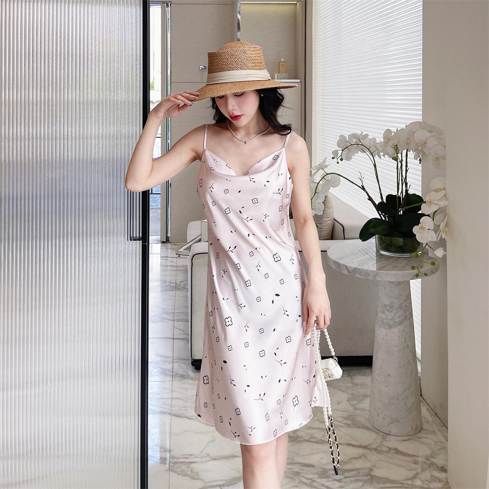 Summer new pajamas women's ice and snow silk thin suspender swing collar pure desire pajamas printed medium and long skirts