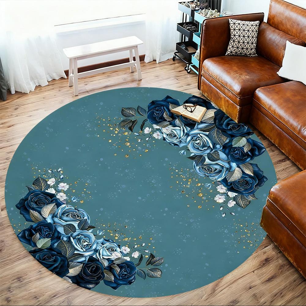 1pc Blue Roses Floral Round Chair mat office Area Rug - Non-Slip, Floor Mat for Office, Bedroom, and Indoor Decor p127247