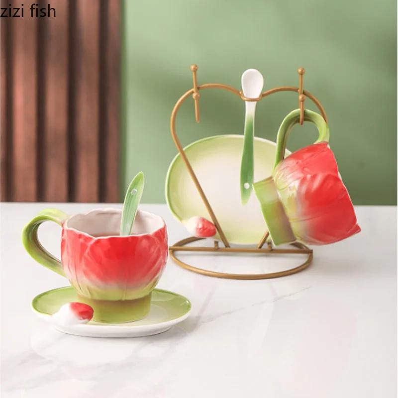 Underglaze Colored Ceramic Mug Tulip Coffee Cup and Saucer Set Flower Teacups Milk Tea Cups Water Glasses Breakfast Cup Milk Mug