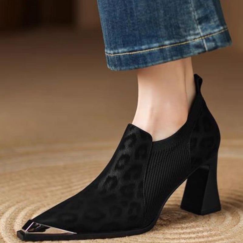 Fashion French High Heel Slip-on Single Shoes Pointed Toe Retro Small Leather Shoes Leopard Leather Shoes Block Heel Metal