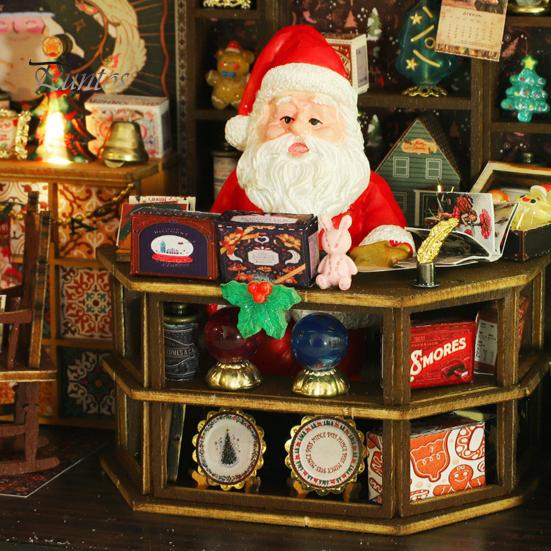 DIY Weihnachts-Miniaturhaus-Bausatz, LED-Minihaus, Bastelspielzeug mit Möbeln, Bücherecke, Gaming-Gebäudemodell für den Geburtstag, Weihnachtsnacht