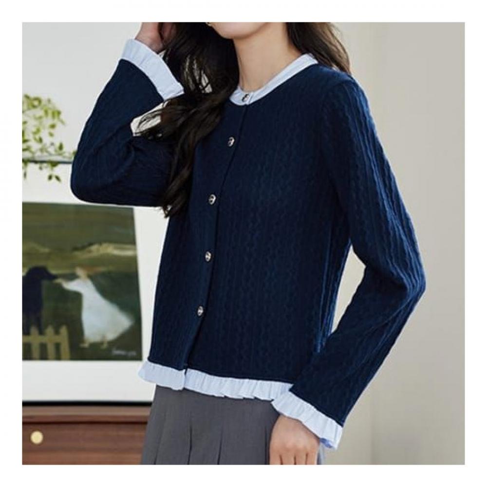 Navava Long Sleeve Knit Cardigan Frill Color Block Nk2034