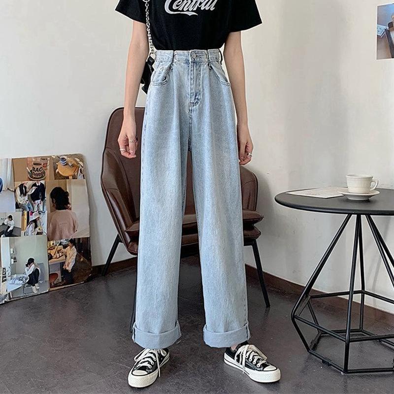 Jaro Podzim Móda Všestranné Ženy Široká noha Rovné Džíny Vysoký pas Džínovina Kalhoty Volné Kalhoty