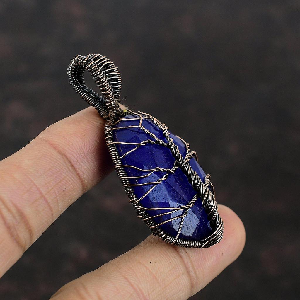 Baum des Lebens Facettierter Blauer Saphir Anhänger Kupferdraht gewickelter Anhänger Handgefertigter Anhänger Kupferdraht Wickelschmuck Edelsteinanhänger Zum Geschenk
