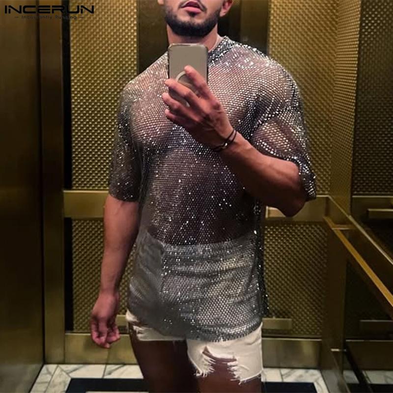 INCERUN Men O Neck Short Sleeve Mesh Sheer See Through Tops T-Shirts