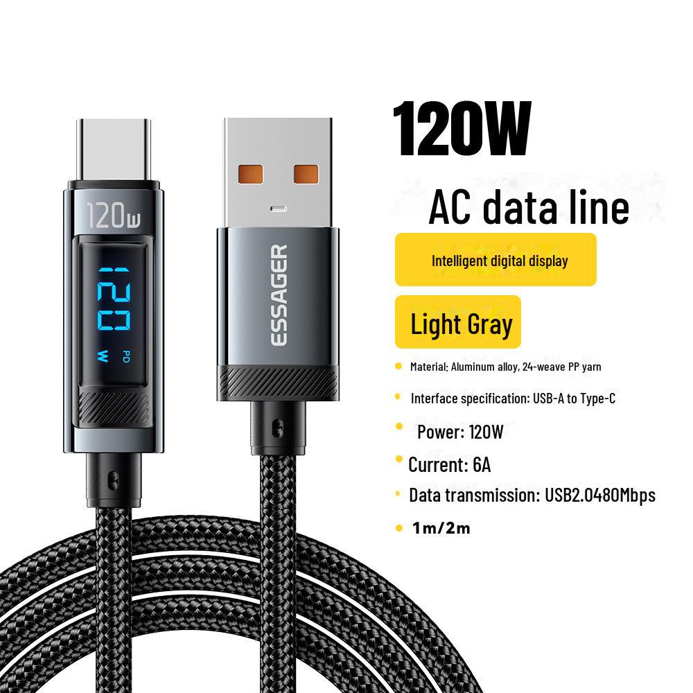 

ESSAGER PD120W Digital Display Data Cable for Xiaomi Multi-Series Phones, Super Flash Charging 1 meter светло-серый