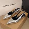 Women's Leather Pointed Toe Slingback Slip-on Low Heeled Sandals Soft Comfortable Casual Female Summer Daily Pumps Footwear Shoe