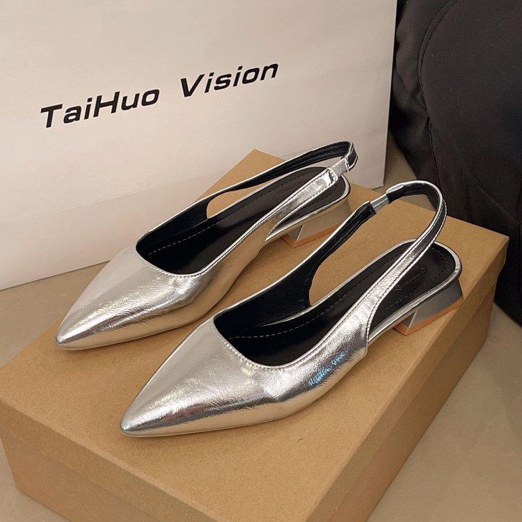 Women's Leather Pointed Toe Slingback Slip-on Low Heeled Sandals Soft Comfortable Casual Female Summer Daily Pumps Footwear Shoe