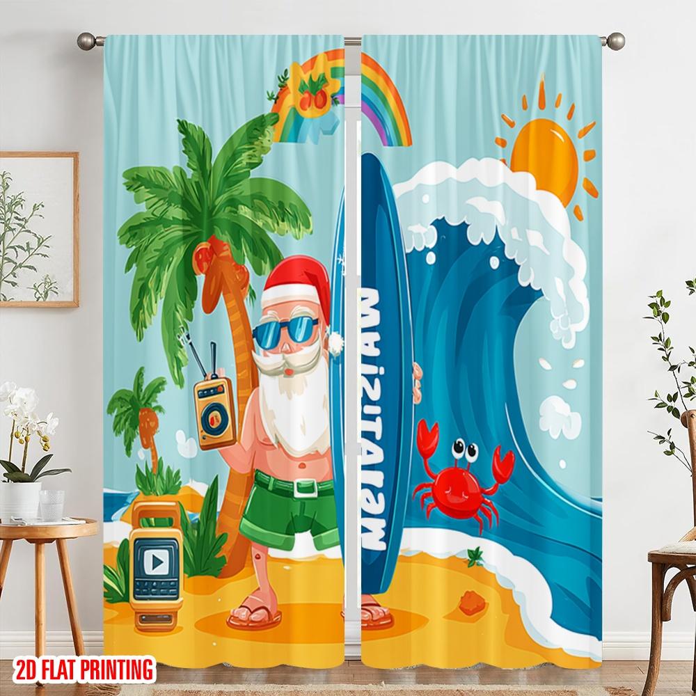 2pcs,2D Plane Printing Creative Curtains Santa Surfing Beach Versatile Polyester Fabric (without Rod) Decorations Inside Ldeal