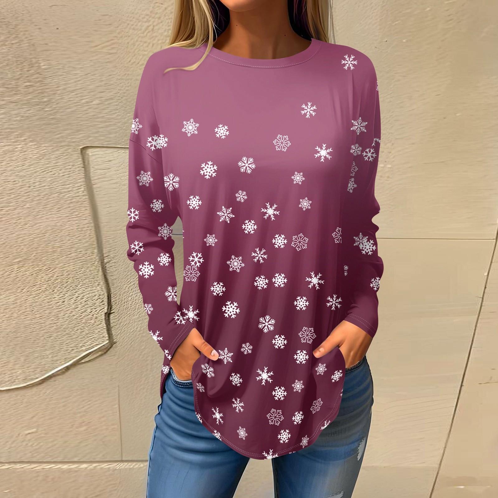 

Футболки для женщин, осенние повседневные рубашки с длинным рукавом, толстовки с винтажным графическим принтом, топы, пуловеры, рождественские M фиолетовый