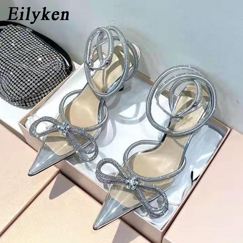 Fashion Eilyken Style Glitter Rhinestones Silk Transparent Pumps Women Crystal Bowknot Satin High Heels Party Prom Stripper Shoes