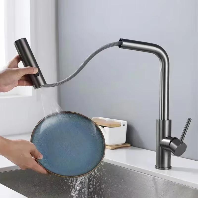Gunmetal Grey 3 Mode Pull Out Kitchen Faucet with Waterfall Sprayer Single Hole Deck Mount Hot and Cold Water Mixing Faucet.
