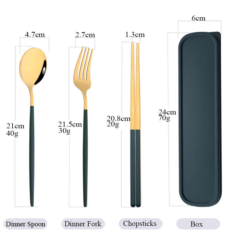 Schwarzes und goldenes Geschirrset, tragbares Reiseset, 3-teilig, Essstäbchen, Gabel, Löffel, Besteckset mit Box, Küchenzubehör, Besteck