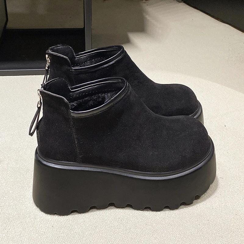 Moda 8CM Zamszowe Platformowe Damskie Śniegowce do Kostki Projektant Klamra Wysokie Obcasy Buty Trend Moda Nowe Gladiator Zima Botas De Mujer