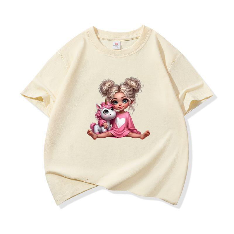 Kids Pure Cotton T Shirt Girl Sitting With Pink Unicorn Print Crew Neck Short Sleeve Tee Casual Boys Girls Summer Tops
