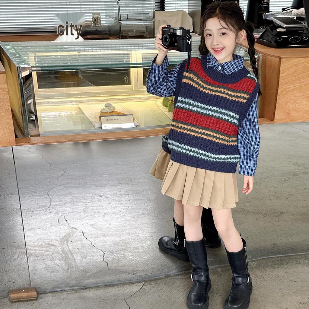 Girls' Garden School Uniform: College Style Spring/Autumn JK Shirt, Rainbow Vest, Skirt Three-Piece Set
