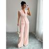 Women's Relaxed Fit Two Piece Pantsuit Sleeveless Blazer Top High Waist Wide Leg Trousers Solid Color Elegant Commuter Matching Outfit