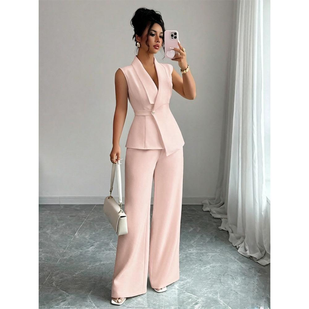 Women's Relaxed Fit Two Piece Pantsuit Sleeveless Blazer Top High Waist Wide Leg Trousers Solid Color Elegant Commuter Matching Outfit