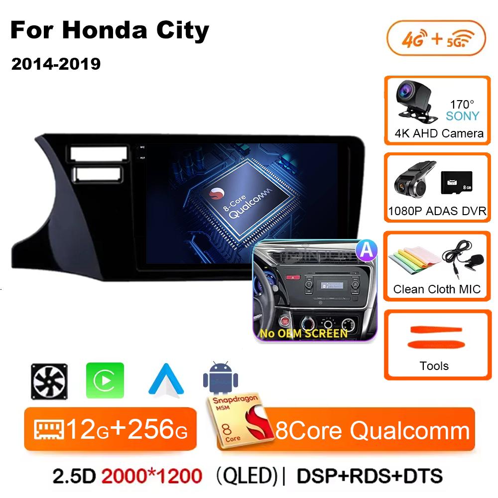 For Honda City 2014 2015 2016 2017 2018 2019 Android 14 Qualcomm Car Radio GPS Navi QLED Screen Car Player WIFI BT 4G Head Unit