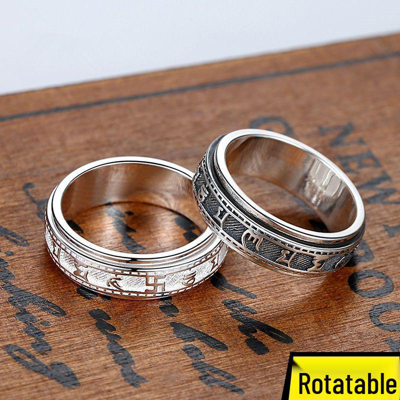 Men's 99% Pure Sterling Silver Ring with Six-Character Mantra - Retro Thai Index Finger Ring, Artistic and Stackable.