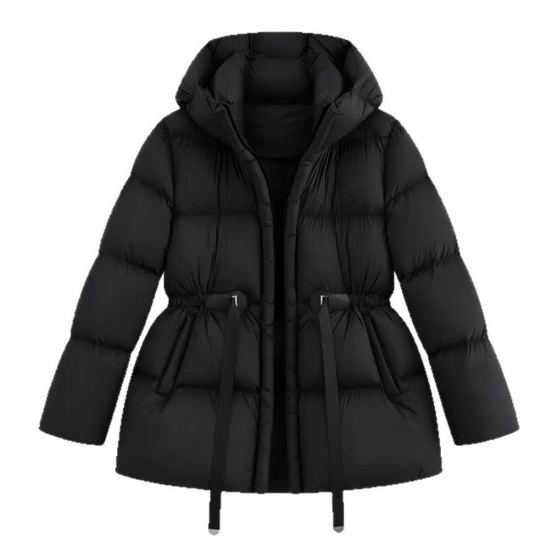 Womens Winter Hooded Puffer Coat With Drawstring Waist White Duck Down Fill Medium Warmth Regular Fit Daily Wear